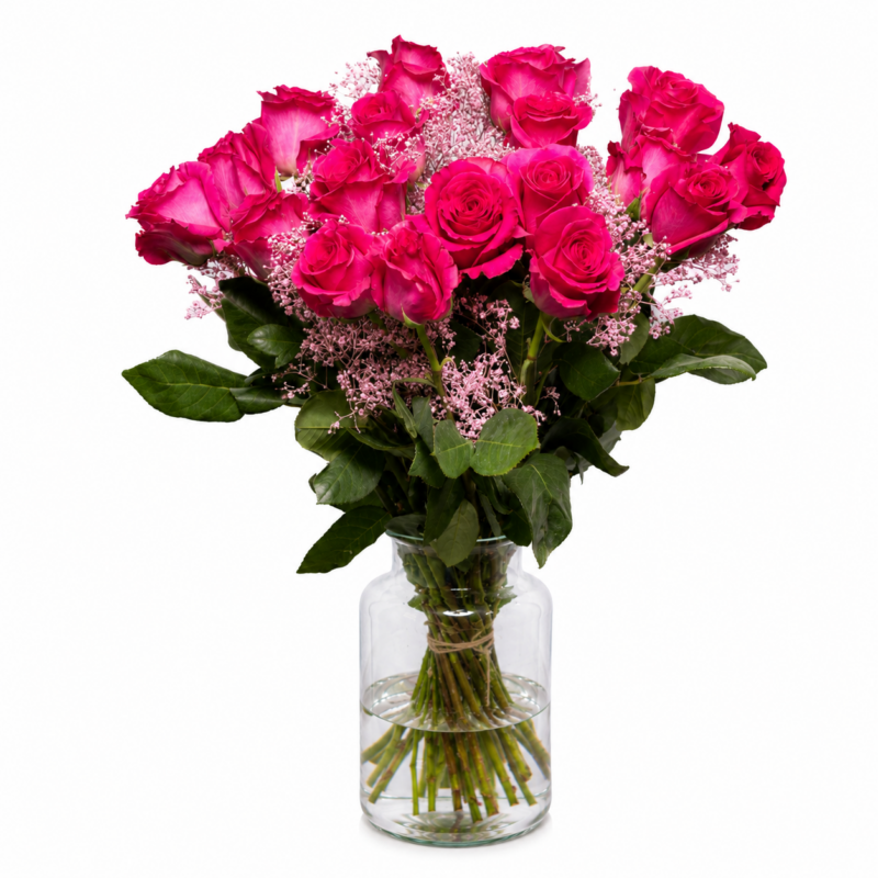 Boeket roze rozen met gypskruid