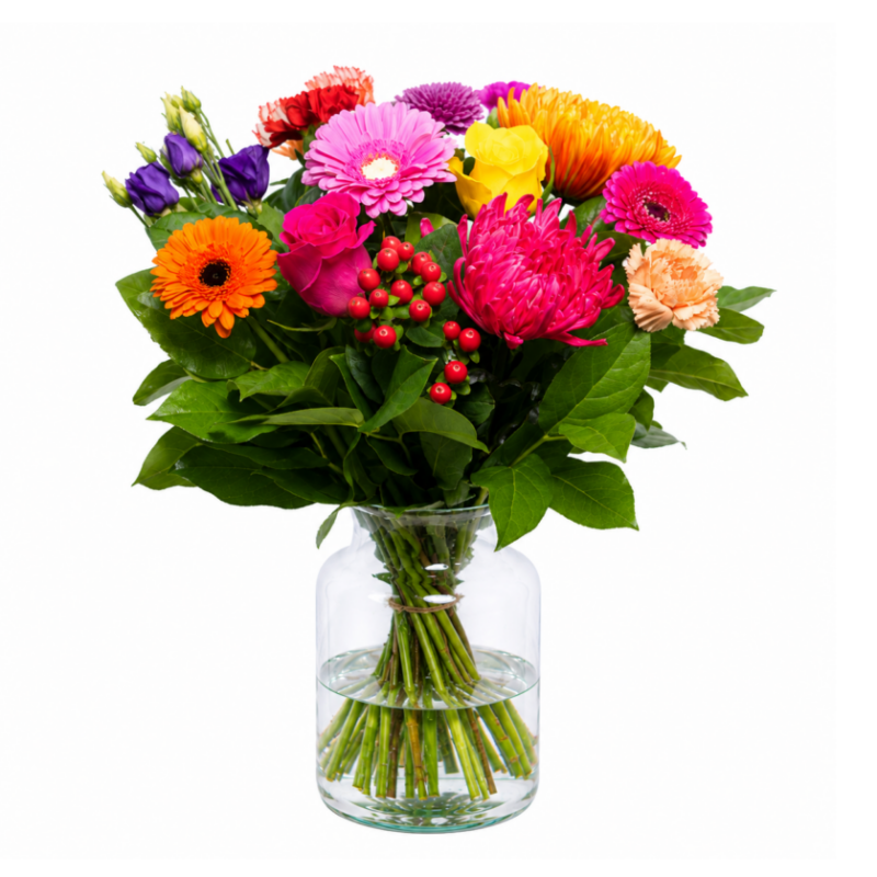 Boeket Djamila <br /><br /> Kleurrijk rond boeket met ronde bloemen