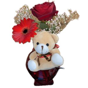 Valentijnsvaasje met beertje en bloemen (alleen voor levering Almere)