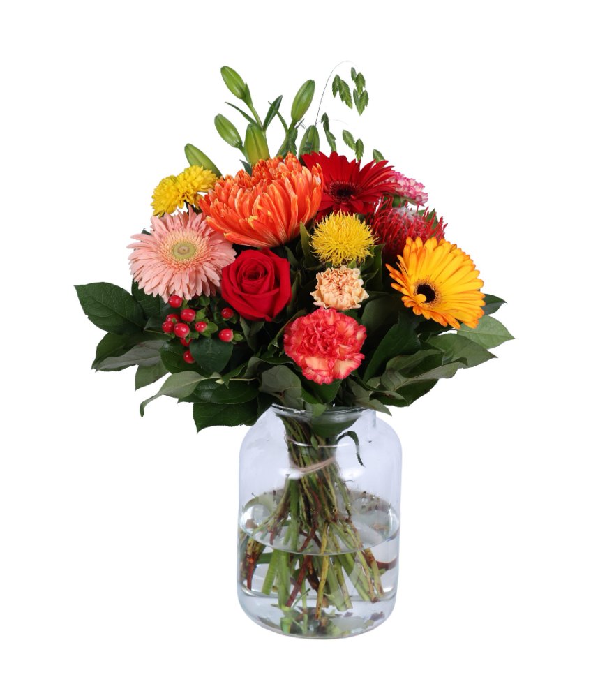 Kleurrijk boeket met gerbera's, rozen en anjers