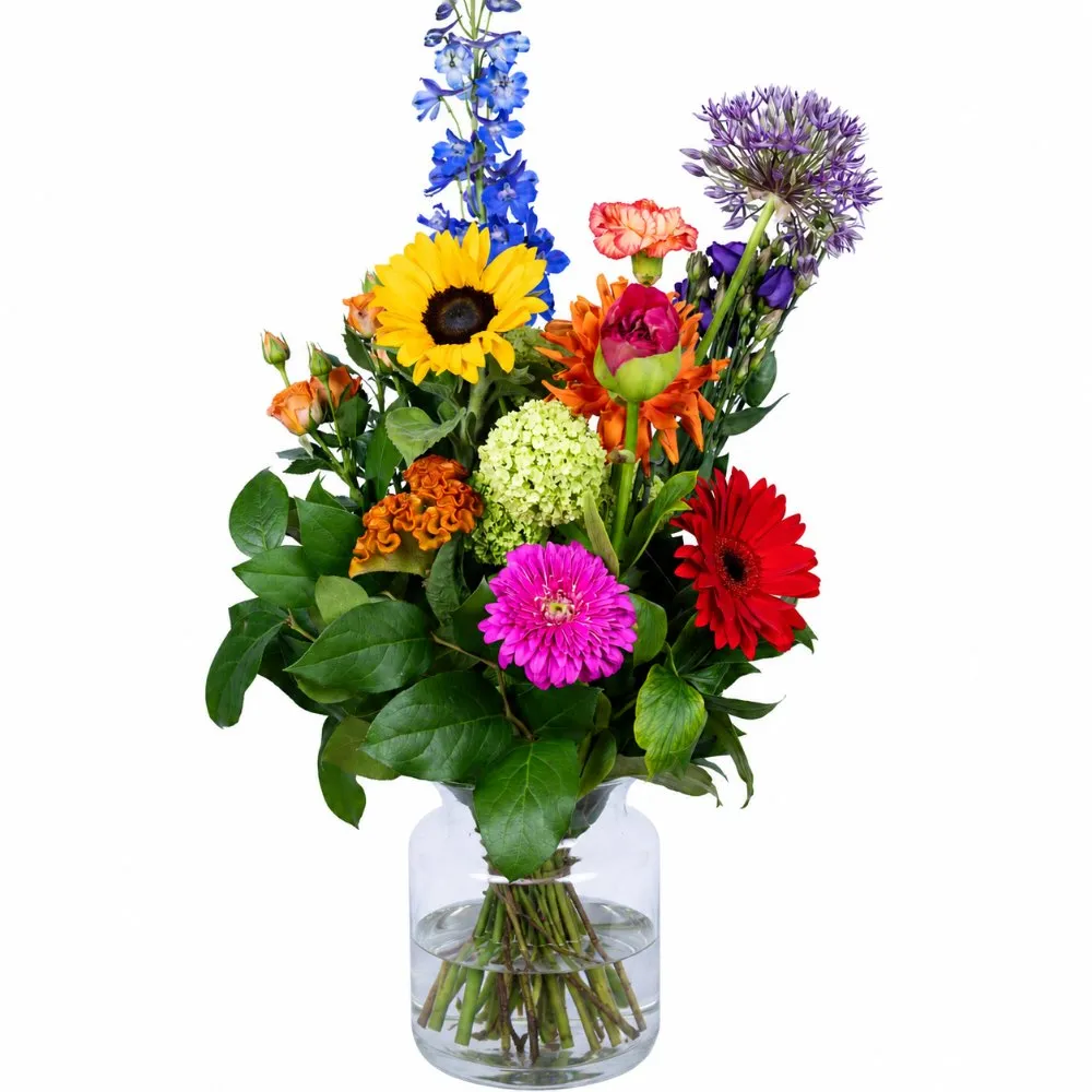 Kleurrijk veldboeket met zonnebloem en gerbera’s